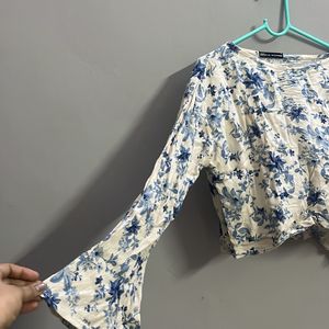 Creme And Blue Color Printed Top Worne Once