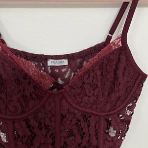 Burgundy Lace Detail Fitted Bodysuit