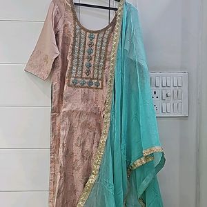 Koskii Peach Kurta With Contrasting Green Bottom