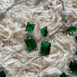 Square Cut Diva Emerald Green AD Necklace