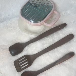 Wooden Spoons And Grater With Lid