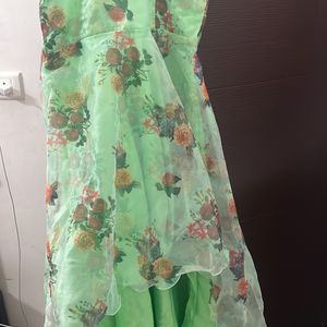 Custom Stitched Floral Organza Gown With a square Neck And Cold Shoulders And Short From Front And Long Till Floor From Back. Unique Trendy Design By A Fashion Designer.