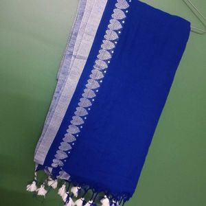 Beautiful Royal Blue Cotton Saree With White Blous