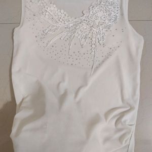 Off White Sleeveless Embroidered Net top