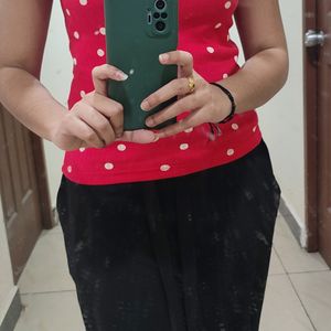 For Srija Brand new red and white polka dot top!  New with tag! Haven't wore outside even once pretty new! Can fit bust of 32-34