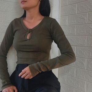 olive green ripped long sleeve tops