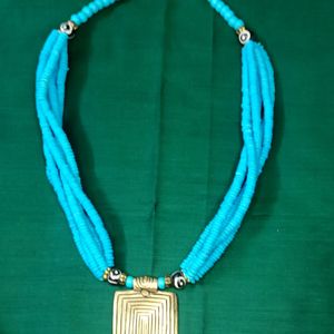 Blue Necklace With Gold Brass Pendant