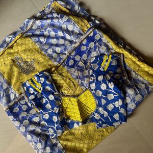 Net Yellow Nd Blue Combination Saree🎉