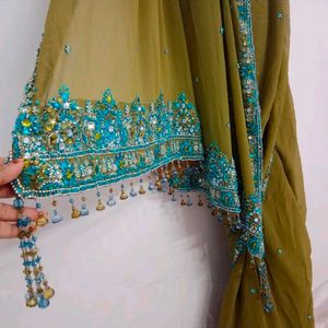 Olive Green Saree With Blue Zari Work On