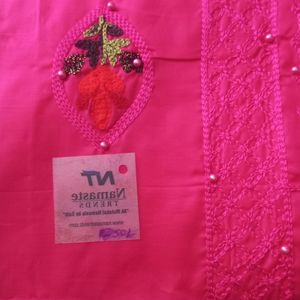 Combo Rose Pink & Green Embroidery Work Febric