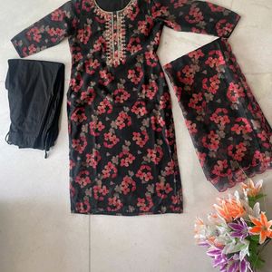 Floral Black Suit with Embroidered Neckline