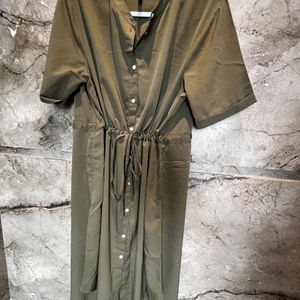 Olive Green Shirt Dress With Adjustable Waist