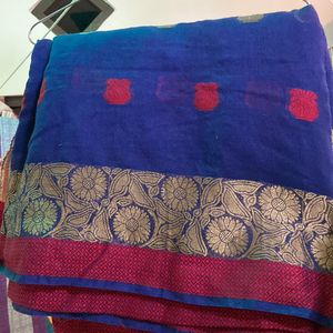 Cotten Saree Dark Blue Golden Work Red Border Red Flower Printed Work