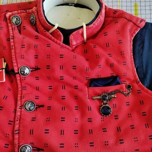 New Red Jacket Navy Blue Kurta Set