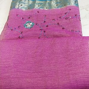 pink blue combination saree