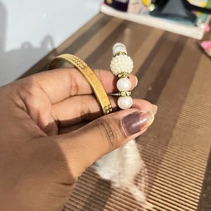 Gold Plated Sikh Bangle And White Pearl Bracelet