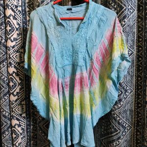 Sky Blue Boho Kaftan Top With Threadwork