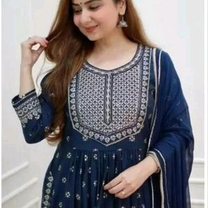 Blue Nyra Cut Embroidery Kurti Set