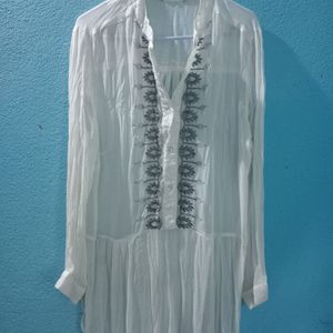 White Long Length Top With Silver Embroidery