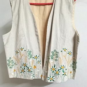 Sangria Floral Embroidery Open Front Corduroy Vest