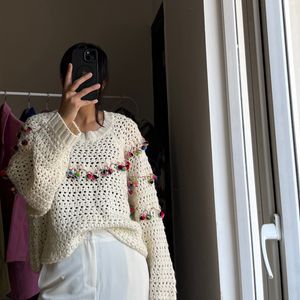 ZARA Wool Blend Open Knit Pom-Pom Cropped Sweater