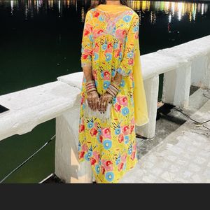 Beautiful Yellow Alia Cut Kurta Set With Dupatta ❤