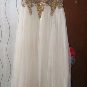 White Party Wear Gown With Dupatta And Pajami