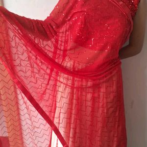 Red Velvet Backless Blouse Or Lehenga with Dupatta