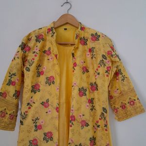 Yellow Embroidered Kurta & Coat (Women's)