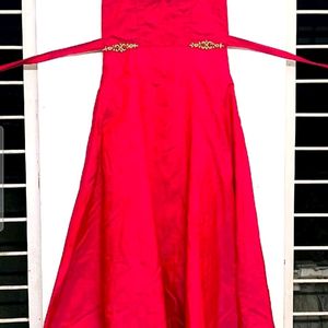 Red Gown With Beautiful Flair & Stone Belt,Cancan