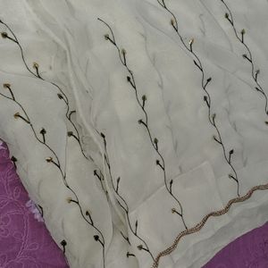 Cream Embroidered Saree