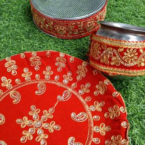 Krwa Chauth Steel Thali, Chalni And Lota