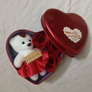 Heart Shape Box With Cute Teddy And Flowers