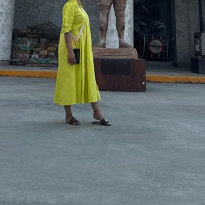 Neon Yellow Ankel Length Dress With Puff Sleeves