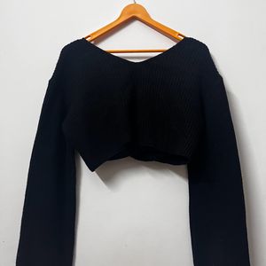 Black Flared Sleeve Deep Neck Sweater