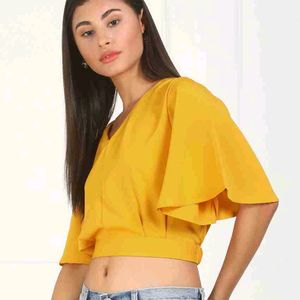 Casual Flared Sleeves Solid Women Yellow Top