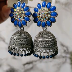 Women Fashion Earrings Blue Stones Oxidised Silver