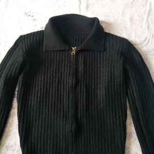 Black Rib-Knit Double Zipper Cardigan