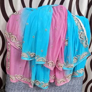 Rich Maggam Stone Work Chunni In Pink & Sky Blue