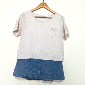 Beige & Blue Pocket Top