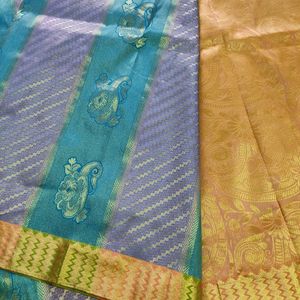 Purple And Teal Colour Silk Saree