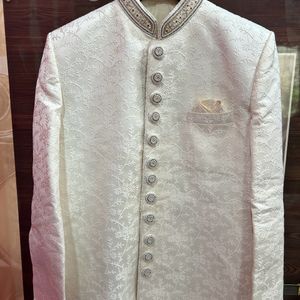 Mens White Sherwani With Red Velvet Dhoti