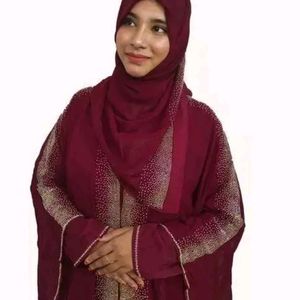 Maroon Abaya With Stone Work