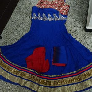 New Blue N Red Anarkali Set