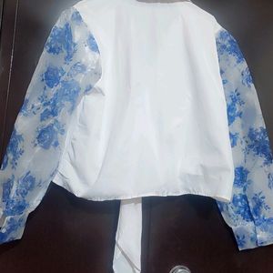 White Top Blue Floral Print Sleeves For 42 Bust