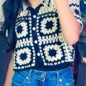 Patch Print Cropped Crochet Top