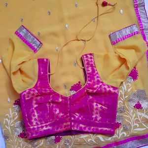 Gorgeous Mustard Silk Saree With Pink Embroidery