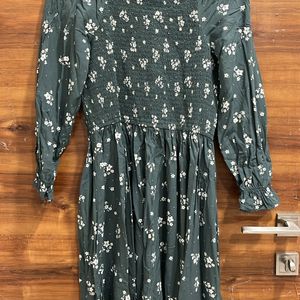 Dark Green Flared Floral Print Dress By Pantaloons