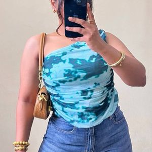 Aqua Green Marble Print One Shoulder Mesh Top