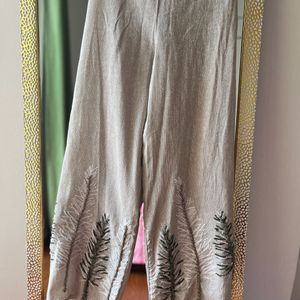 Grey Mettalic Embroidered Highwaisted Khadi Pants